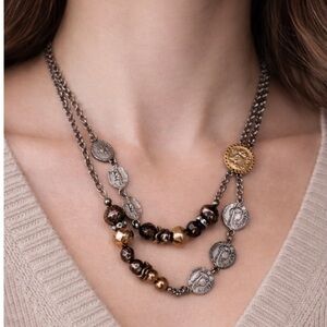 Necklace Silver and Gold Coin beaded two strand Necklace